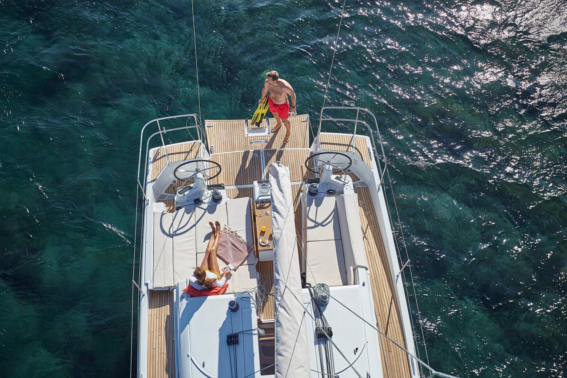 Looking down on a yacht cockpit at anchor